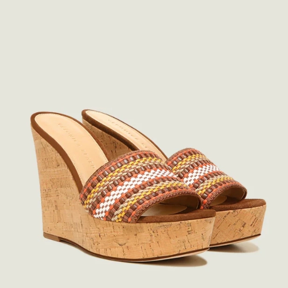Veronica Beard Dali Woven Raffia Platform Wedge Cork Heels Sandals Multi Brown 7